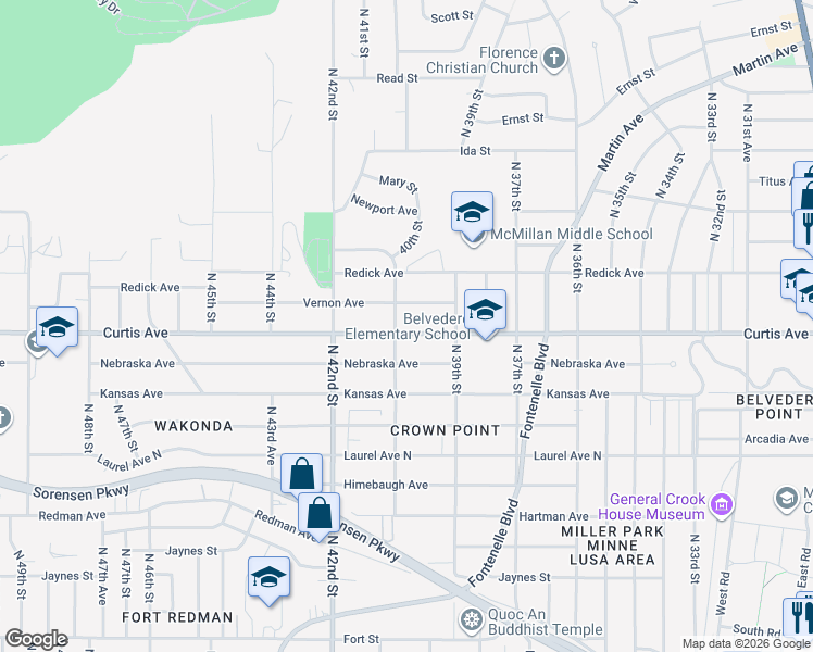 map of restaurants, bars, coffee shops, grocery stores, and more near 3958 Curtis Avenue in Omaha