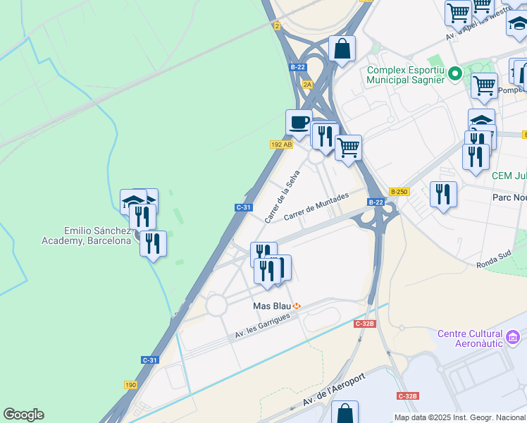 map of restaurants, bars, coffee shops, grocery stores, and more near 12 Carrer de la Selva in Barcelona