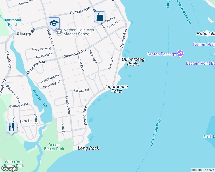 map of restaurants, bars, coffee shops, grocery stores, and more near 851 Pequot Avenue in New London