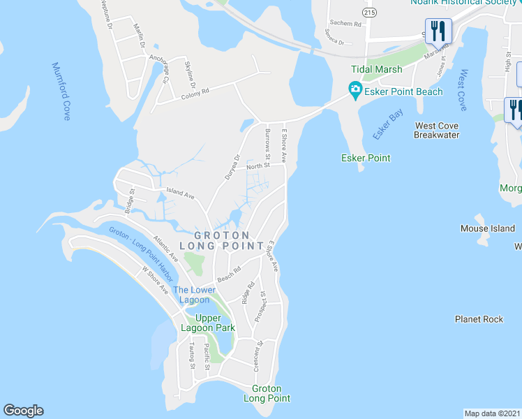 map of restaurants, bars, coffee shops, grocery stores, and more near 13 Sound Breeze Avenue in Groton