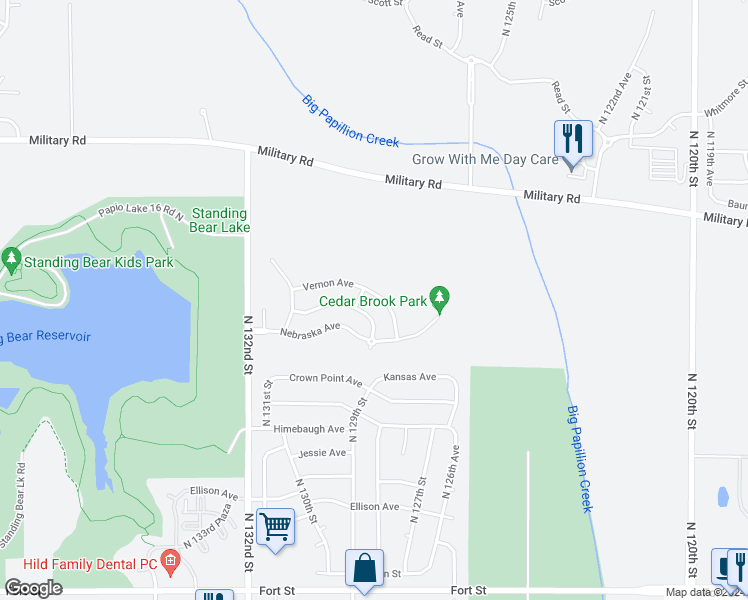 map of restaurants, bars, coffee shops, grocery stores, and more near 6322 North 128th Street in Omaha