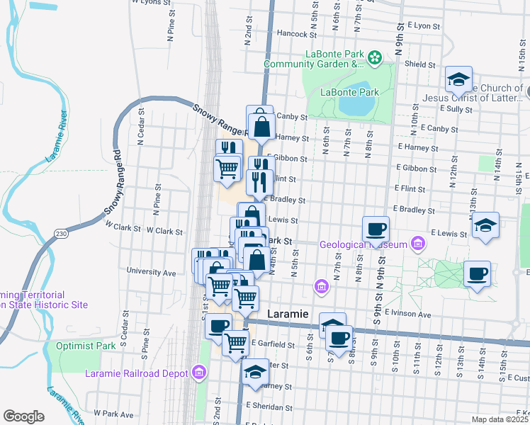 map of restaurants, bars, coffee shops, grocery stores, and more near 453 North 3rd Street in Laramie