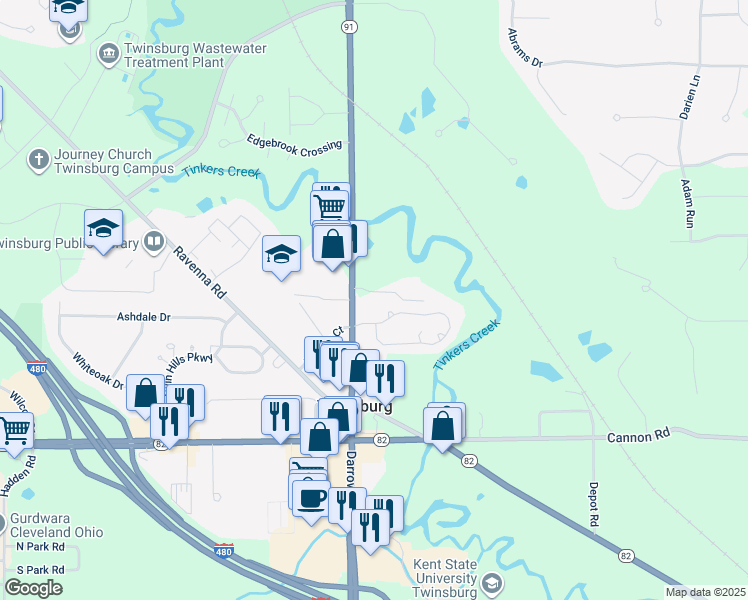 map of restaurants, bars, coffee shops, grocery stores, and more near 9197 Darrow Road in Twinsburg