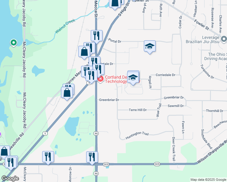 map of restaurants, bars, coffee shops, grocery stores, and more near 722 Lakeview Drive in Cortland