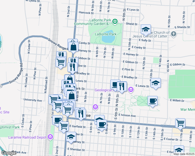 map of restaurants, bars, coffee shops, grocery stores, and more near 460 North 7th Street in Laramie