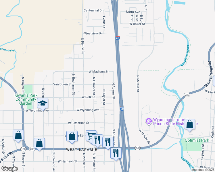 map of restaurants, bars, coffee shops, grocery stores, and more near 1401-1499 West Van Buren Street in Laramie