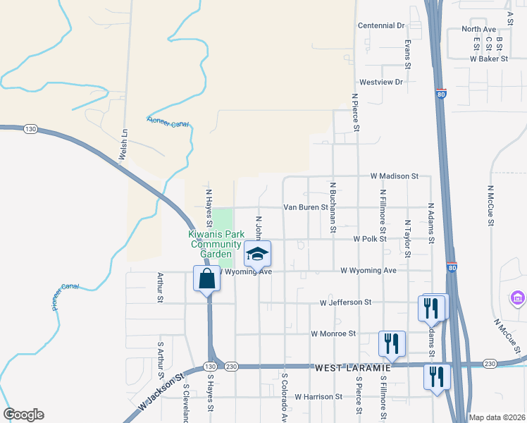 map of restaurants, bars, coffee shops, grocery stores, and more near 2164 Van Buren Street in Laramie