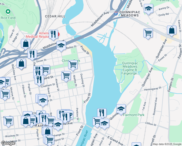 map of restaurants, bars, coffee shops, grocery stores, and more near 6 Lombard Street in New Haven