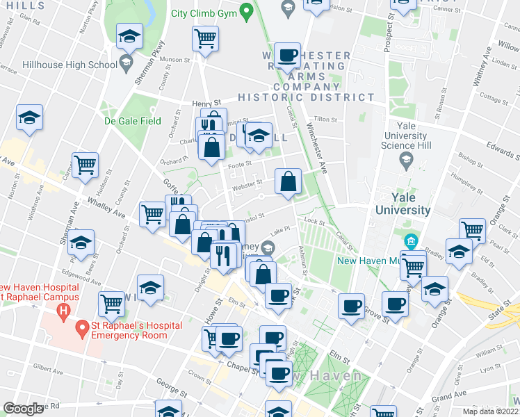 map of restaurants, bars, coffee shops, grocery stores, and more near 105 Bristol Street in New Haven