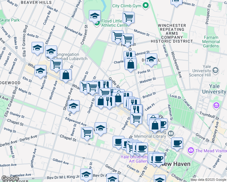 map of restaurants, bars, coffee shops, grocery stores, and more near 29 Dickerman Street in New Haven
