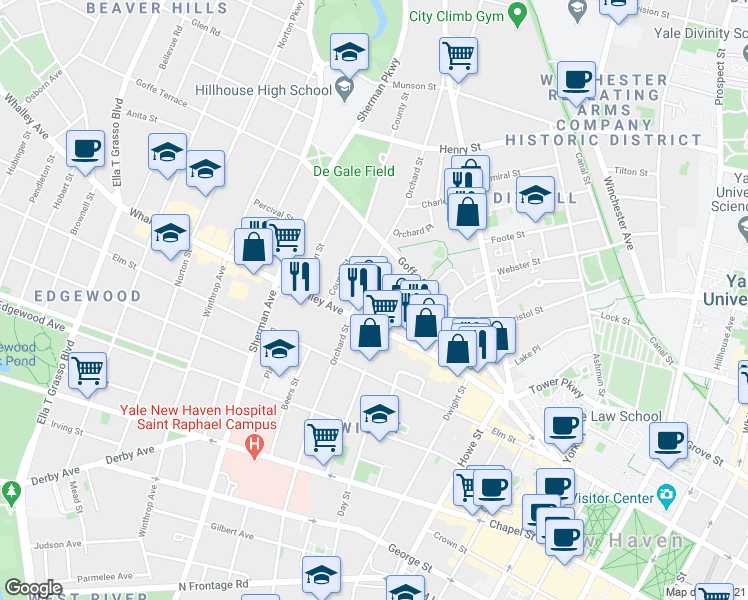 map of restaurants, bars, coffee shops, grocery stores, and more near 72 Dickerman Street in New Haven