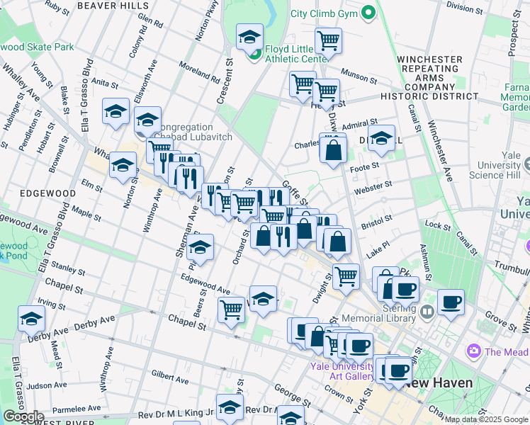 map of restaurants, bars, coffee shops, grocery stores, and more near 543 Orchard Street in New Haven