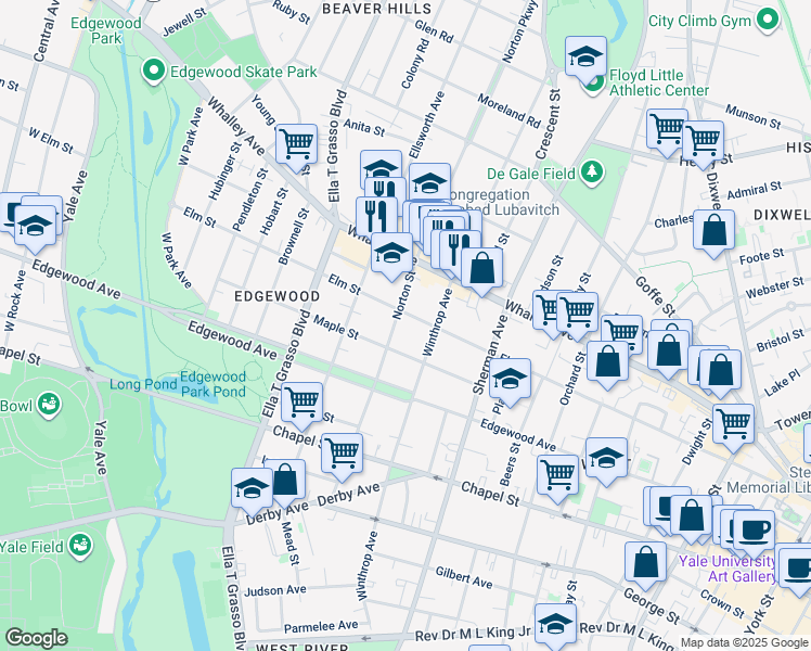 map of restaurants, bars, coffee shops, grocery stores, and more near in New Haven