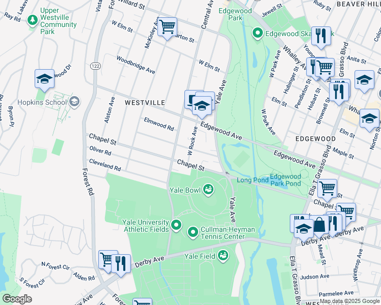 map of restaurants, bars, coffee shops, grocery stores, and more near in New Haven