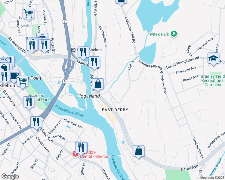 map of restaurants, bars, coffee shops, grocery stores, and more near 45 Gilbert Street in Derby