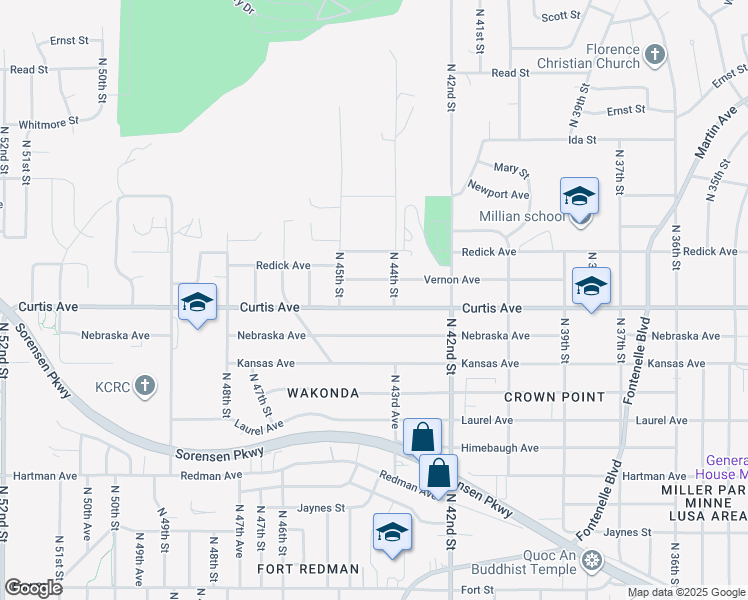 map of restaurants, bars, coffee shops, grocery stores, and more near 4410 Curtis Avenue in Omaha