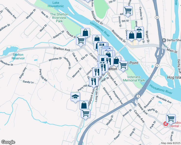 map of restaurants, bars, coffee shops, grocery stores, and more near 40 Union Street in Shelton
