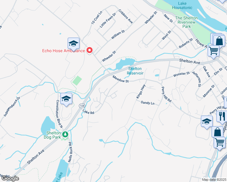 map of restaurants, bars, coffee shops, grocery stores, and more near 5 Meadow Lake Drive in Shelton