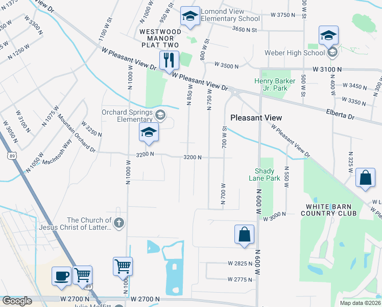 map of restaurants, bars, coffee shops, grocery stores, and more near 848 West 3200 North in Pleasant View