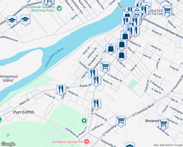map of restaurants, bars, coffee shops, grocery stores, and more near 170 Tompkins Street in Pittston