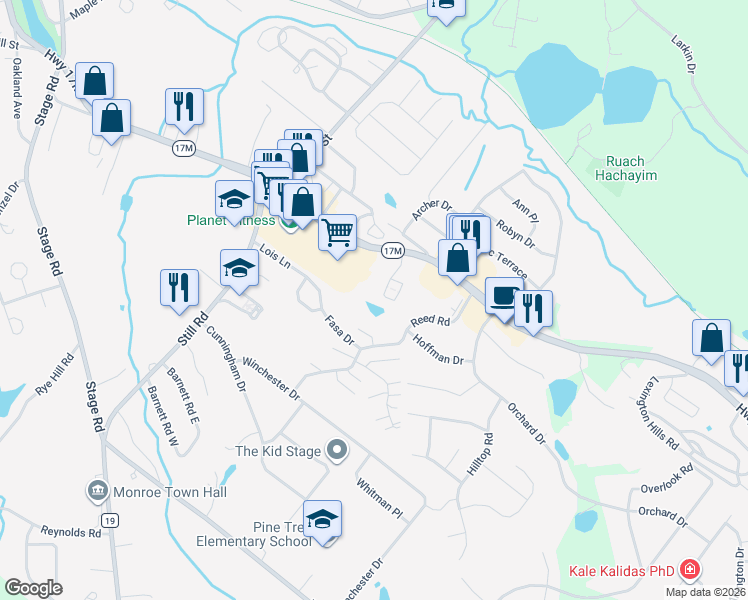 map of restaurants, bars, coffee shops, grocery stores, and more near 38 Fitzgerald Court in Monroe