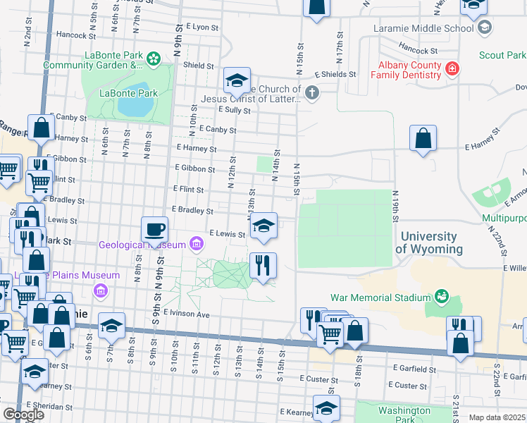 map of restaurants, bars, coffee shops, grocery stores, and more near 1315 East Bradley Street in Laramie