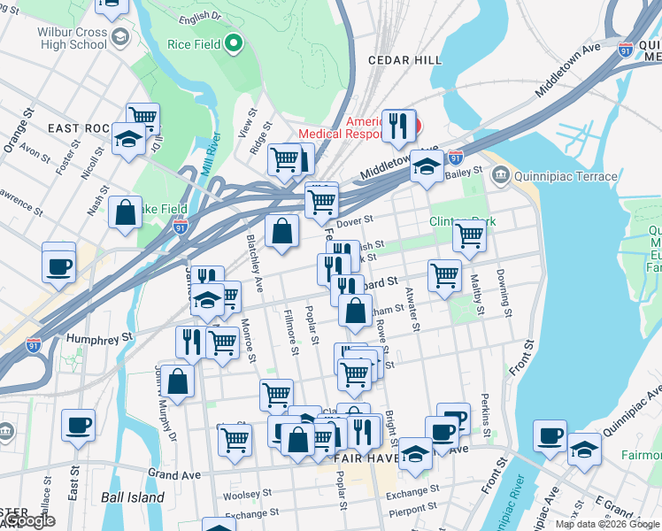 map of restaurants, bars, coffee shops, grocery stores, and more near 593 Ferry Street in New Haven