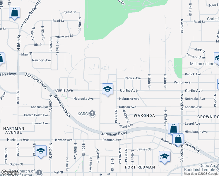 map of restaurants, bars, coffee shops, grocery stores, and more near 4820 Curtis Avenue in Omaha