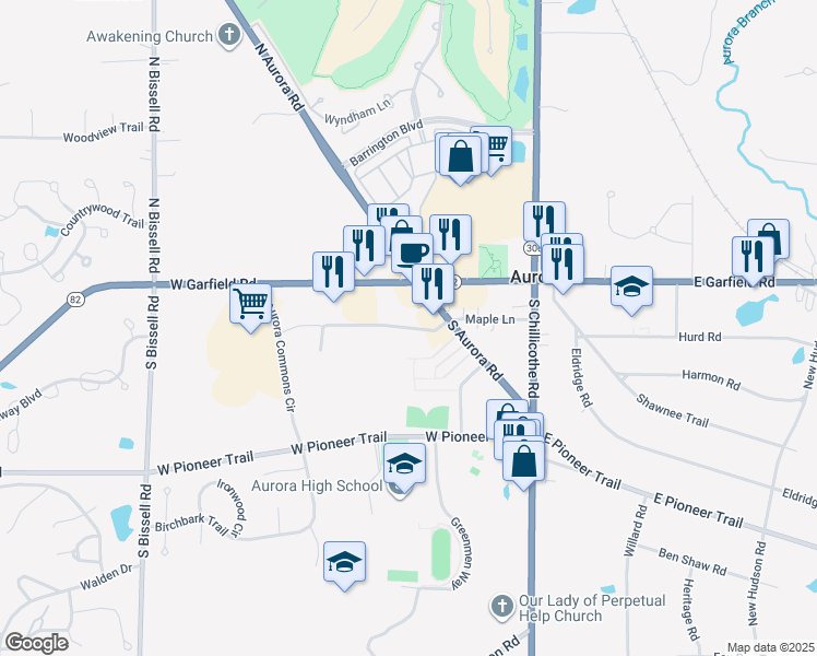 map of restaurants, bars, coffee shops, grocery stores, and more near Maple Lane in Aurora