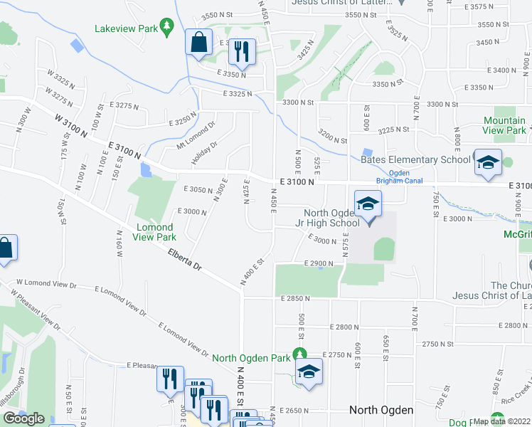 map of restaurants, bars, coffee shops, grocery stores, and more near 3029 North 450 East in Ogden