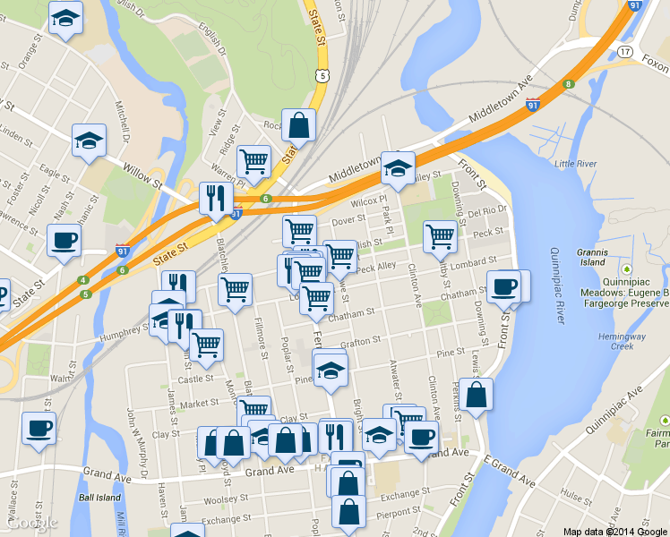 map of restaurants, bars, coffee shops, grocery stores, and more near 204 Peck Street in New Haven