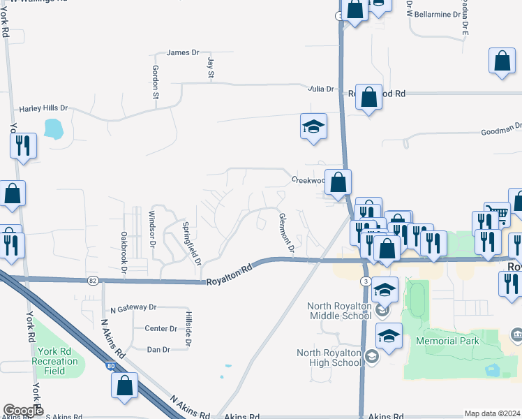 map of restaurants, bars, coffee shops, grocery stores, and more near 7501 Glenmont Drive in North Royalton