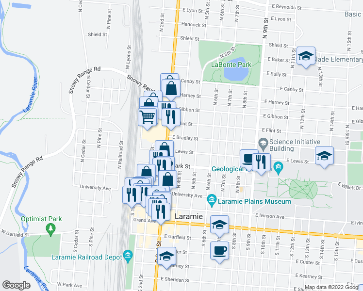 map of restaurants, bars, coffee shops, grocery stores, and more near 464 North 4th Street in Laramie