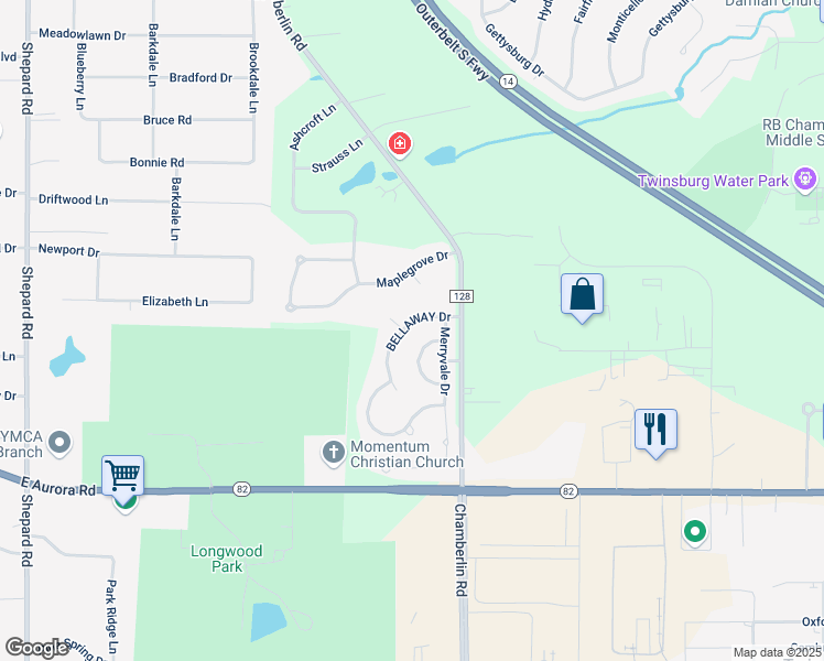 map of restaurants, bars, coffee shops, grocery stores, and more near 1766 BELLAWAY Drive in Twinsburg