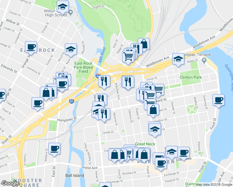 map of restaurants, bars, coffee shops, grocery stores, and more near 492 Blatchley Avenue in New Haven