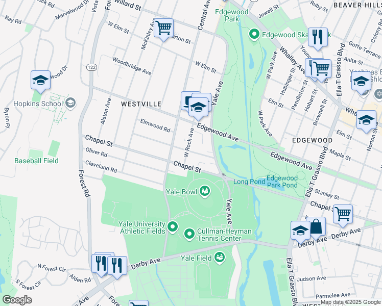 map of restaurants, bars, coffee shops, grocery stores, and more near 48 Westwood Road in New Haven