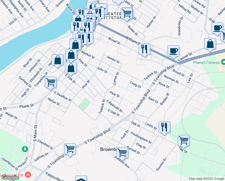 map of restaurants, bars, coffee shops, grocery stores, and more near 156-1/2 Pine Street in Pittston