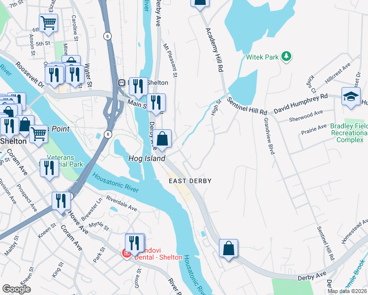 map of restaurants, bars, coffee shops, grocery stores, and more near 45 Gilbert Street in Derby