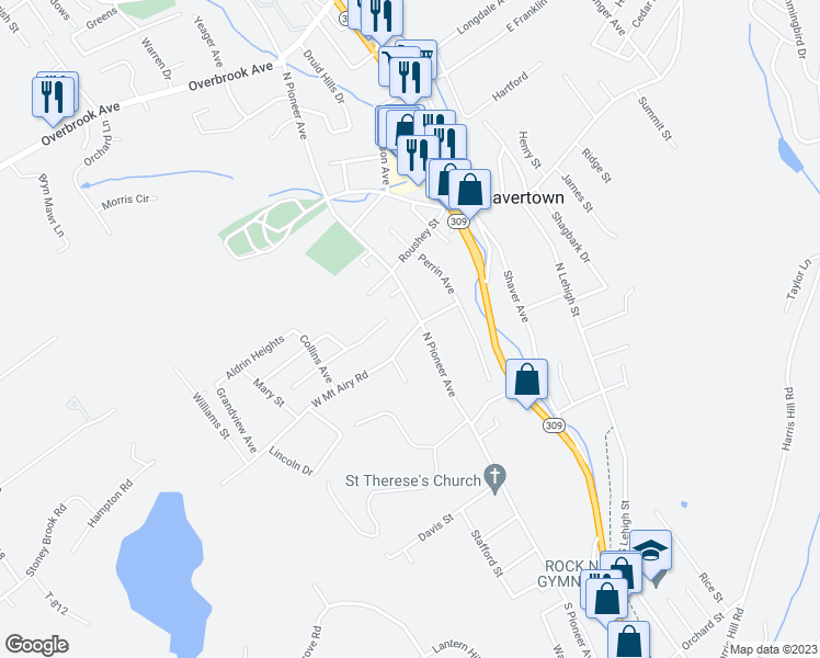 map of restaurants, bars, coffee shops, grocery stores, and more near 61 West Mount Airy Road in Shavertown