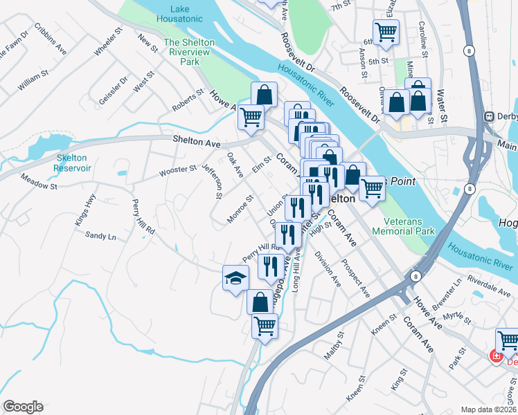 map of restaurants, bars, coffee shops, grocery stores, and more near 54 Oak Avenue in Shelton