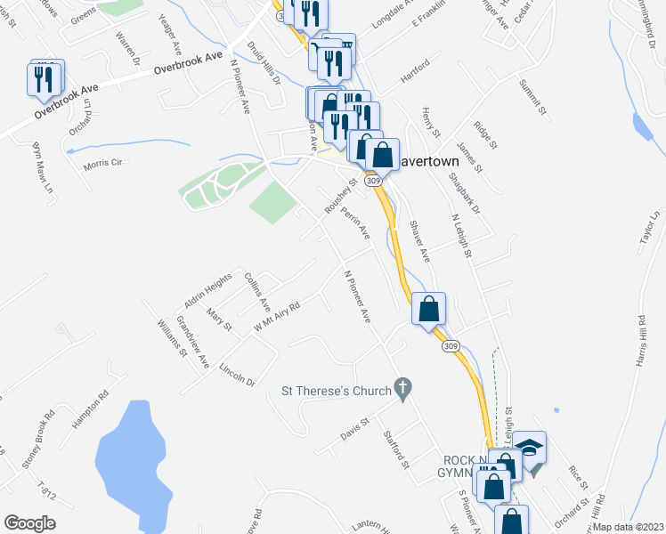 map of restaurants, bars, coffee shops, grocery stores, and more near 61 West Mount Airy Road in Shavertown