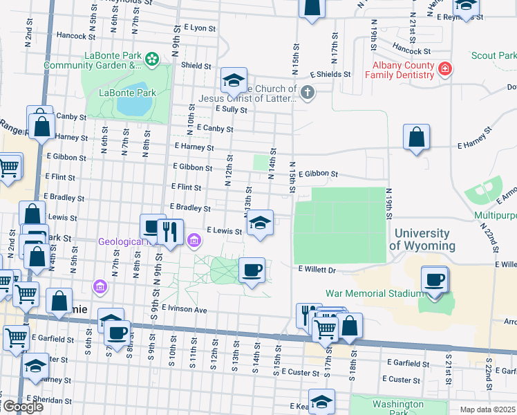 map of restaurants, bars, coffee shops, grocery stores, and more near 1315 East Bradley Street in Laramie