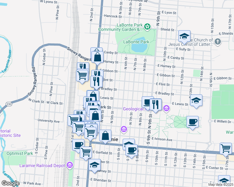 map of restaurants, bars, coffee shops, grocery stores, and more near 460 North 6th Street in Laramie