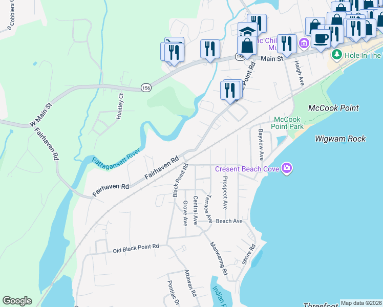 map of restaurants, bars, coffee shops, grocery stores, and more near 92 Black Point Road in East Lyme