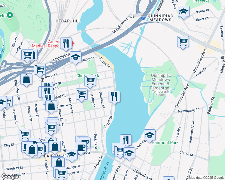 map of restaurants, bars, coffee shops, grocery stores, and more near 6 Lombard Street in New Haven