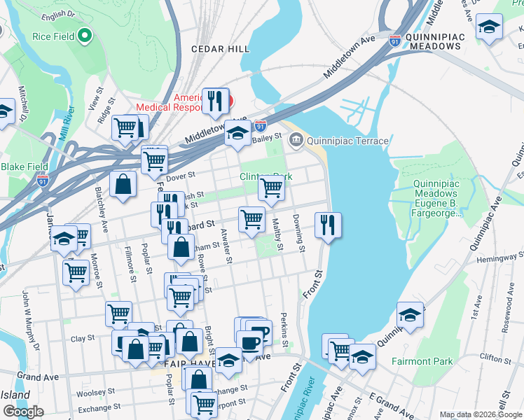 map of restaurants, bars, coffee shops, grocery stores, and more near 140 Lombard Street in New Haven