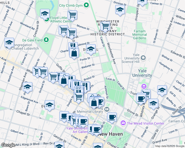 map of restaurants, bars, coffee shops, grocery stores, and more near 105 Bristol Street in New Haven