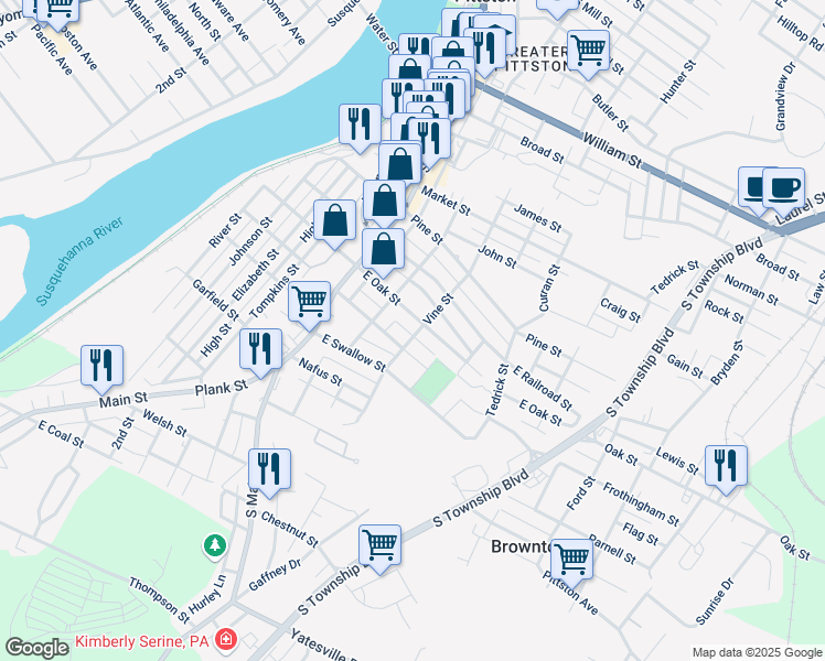 map of restaurants, bars, coffee shops, grocery stores, and more near 138 Vine Street in Pittston