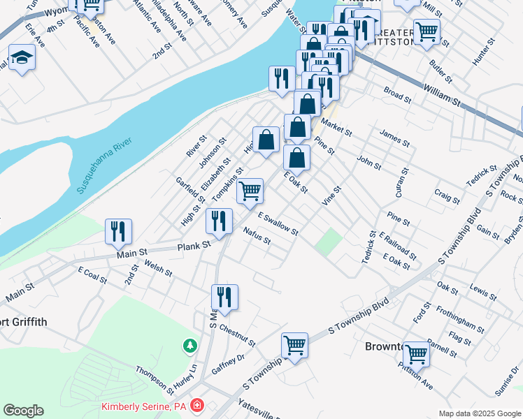 map of restaurants, bars, coffee shops, grocery stores, and more near 228 South Main Street in Pittston