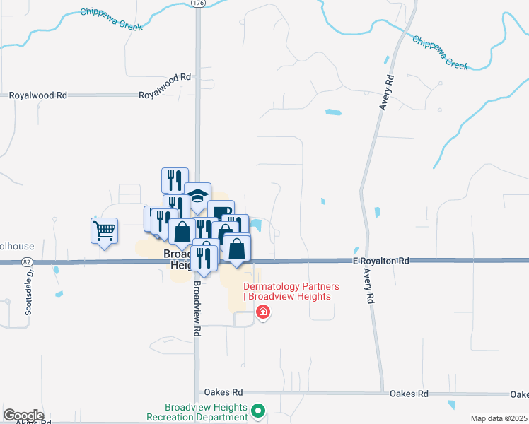 map of restaurants, bars, coffee shops, grocery stores, and more near 2507 Stoney Run Trail in Broadview Heights